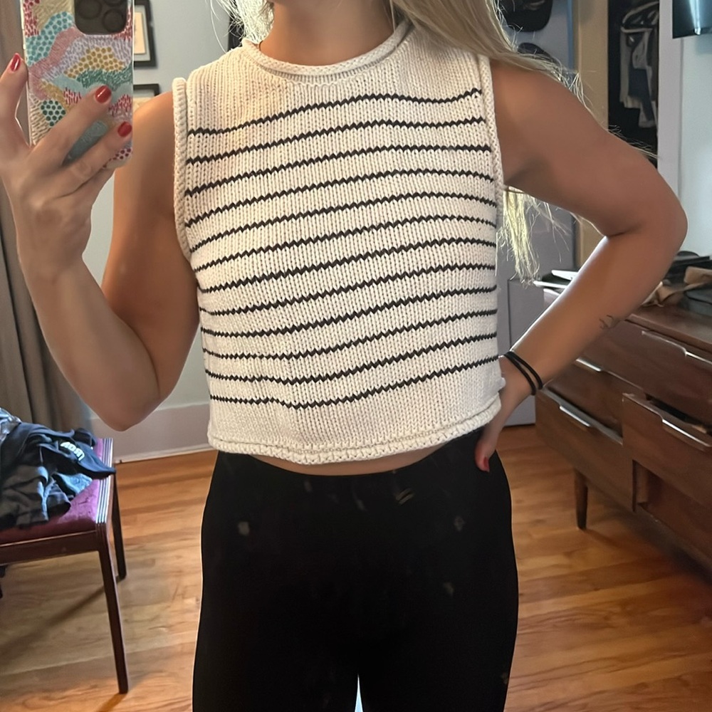 White and blue striped sleeveless top